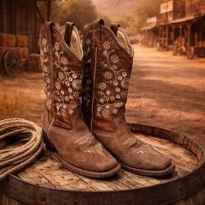 Women's Sz 7 Circle G Coral Cowboy Boots Embroidered Floral  Vtg Square Leather